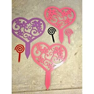 Large‎ 20" Heavy Metal Garden Stake Set 6 Heart Swirl Yard Decor Pink Red Purple